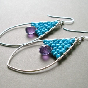 Sleeping Beauty Turquoise Hoops, Purple Aqua Hoop Earrings, Turquoise Amethyst Marquise Hoops