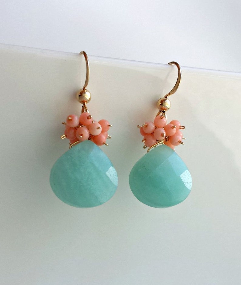 Peach Coral Amazonite Earrings, Peach Mint Earrings, Mint Coral Earrings, Aqua Peach Dangle image 4