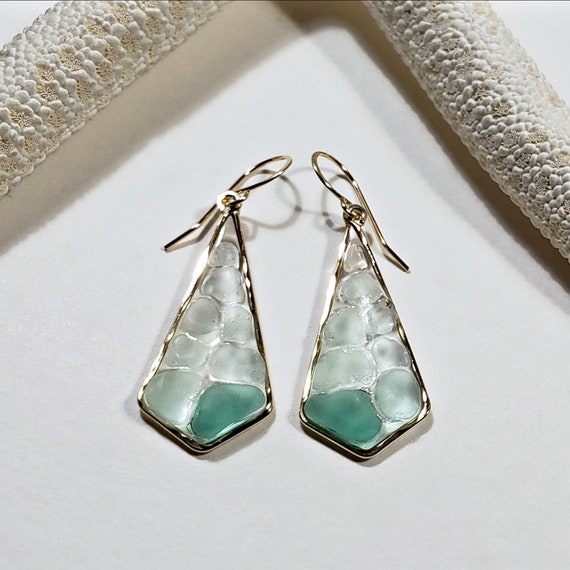 Teal Sea Glass Earrings, Geometric Beach Glass Drops, Mosaic Glass