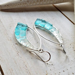 Marquise Sea Glass Hoops, Turquoise Beach Glass Earrings, Aqua Ombre Resin Hoop Earrings image 7
