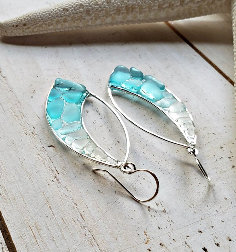 Marquise Sea Glass Hoops, Turquoise Beach Glass Earrings, Aqua Ombre Resin Hoop Earrings image 7