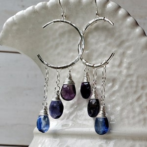 Blue Crescent Moon Earrings, Peacock Gemstone Chandelier, Amethyst Crescent Moon Chandelier image 9