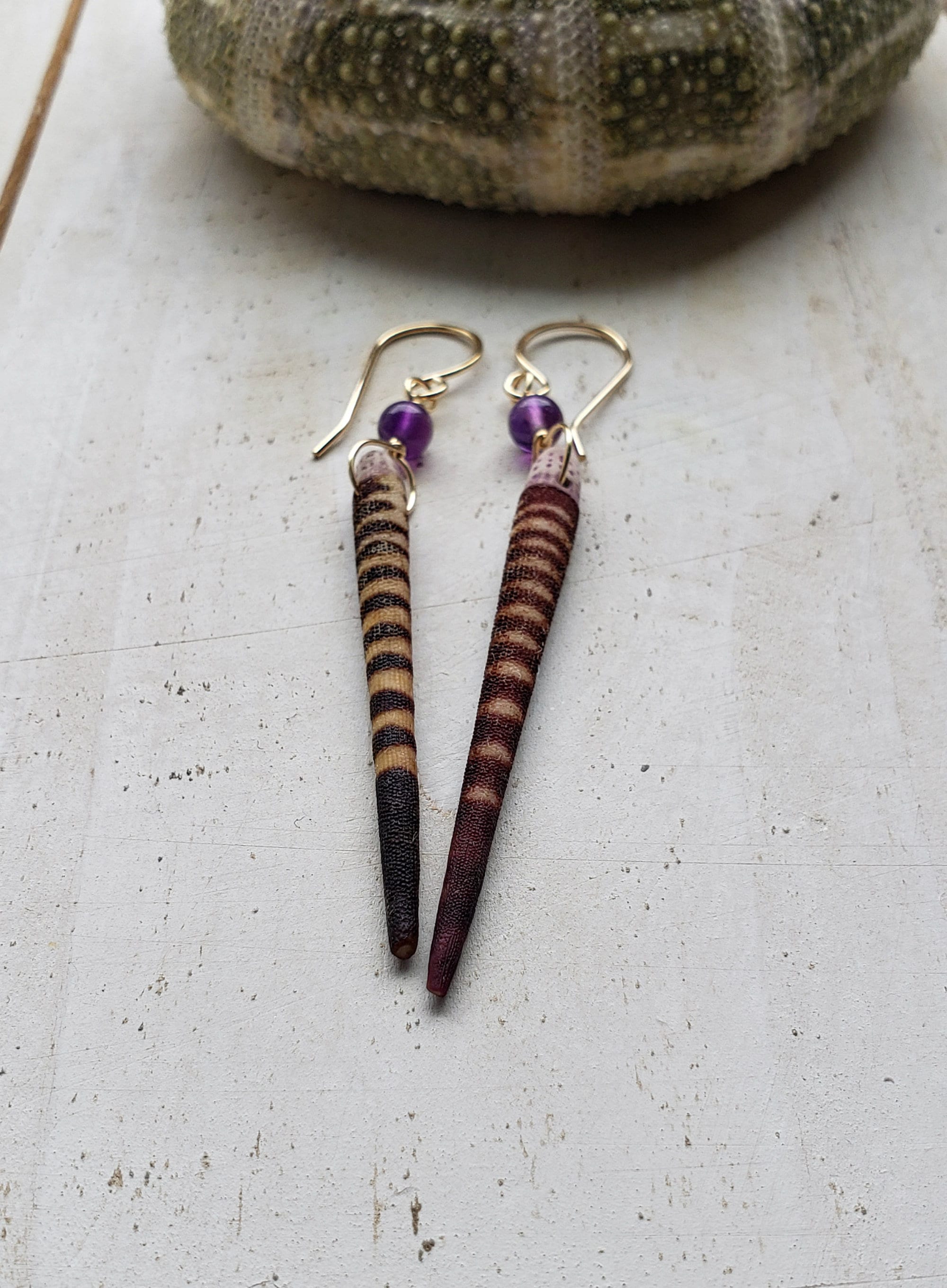 Amethyst Urchin Earrings, Sea Urchin Spike Dangle, Purple Urchin