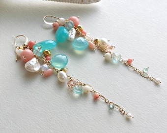 Peach Aqua Gemstone Dangle Earrings, Pink Mint Gemstone Cluster, Long Aqua Dangle Earrings