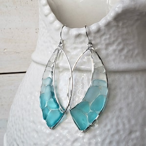 Marquise Sea Glass Hoops, Turquoise Beach Glass Earrings, Aqua Ombre Resin Hoop Earrings image 5