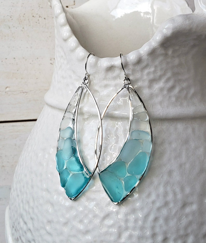 Marquise Sea Glass Hoops, Turquoise Beach Glass Earrings, Aqua Ombre Resin Hoop Earrings image 5