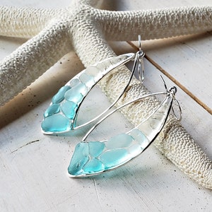Marquise Sea Glass Hoops, Turquoise Beach Glass Earrings, Aqua Ombre Resin Hoop Earrings image 6