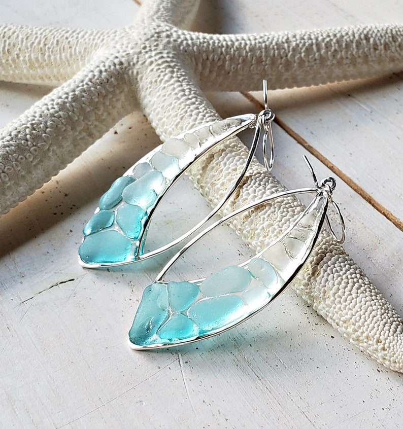 Marquise Sea Glass Hoops, Turquoise Beach Glass Earrings, Aqua Ombre Resin Hoop Earrings image 6