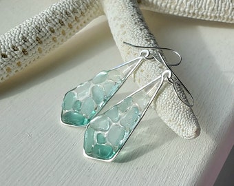 Teal Sea Glass Earrings, Geometric Beach Glass Drops, Mosaic