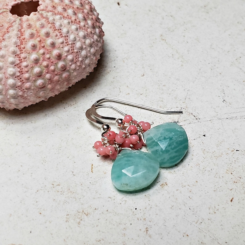 Peach Coral Amazonite Earrings, Peach Mint Earrings, Mint Coral Earrings, Aqua Peach Dangle image 6