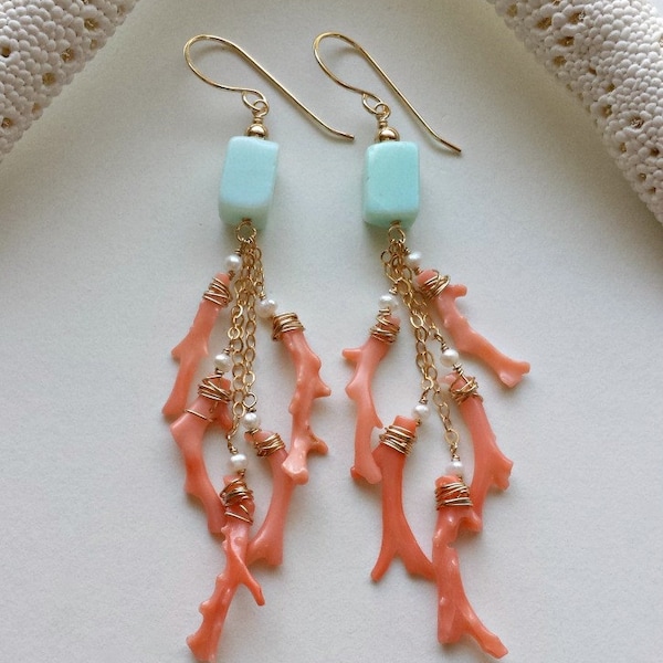 Peach Aqua Dangle Earrings, Blue Peruvian Opal Dangle, Pink Coral Branch Earrings