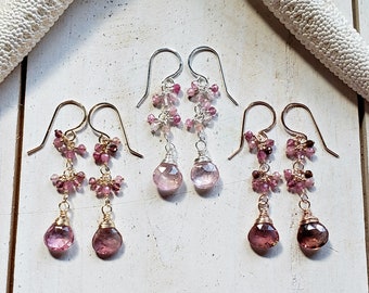 Pink Tourmaline Cluster Dangle, Rubellite Tourmaline Earrings, October Birthstone Dangle:  Ready Made