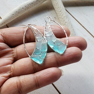 Marquise Sea Glass Hoops, Turquoise Beach Glass Earrings, Aqua Ombre Resin Hoop Earrings image 4