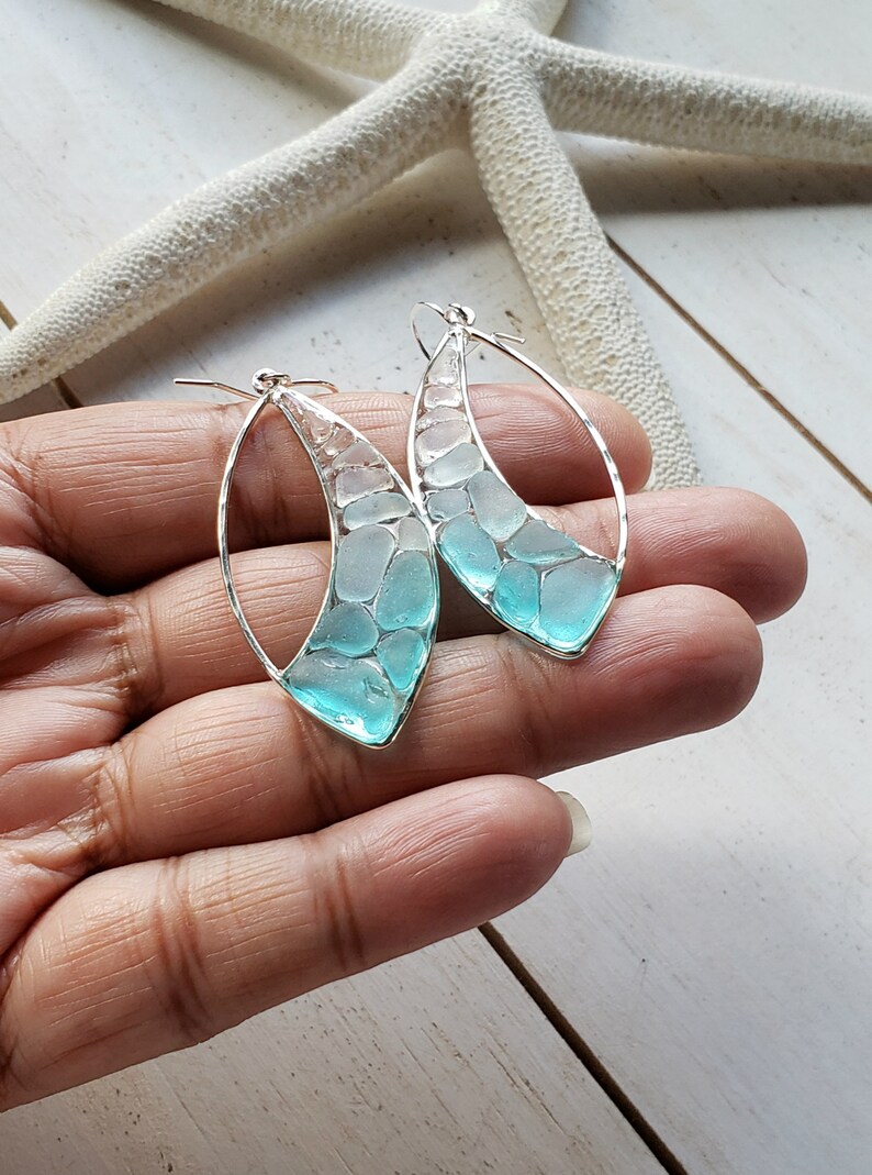 Marquise Sea Glass Hoops, Turquoise Beach Glass Earrings, Aqua Ombre Resin Hoop Earrings image 4