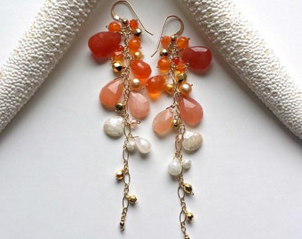 Orange Cluster Earrings, Peach Moonstone Earrings, Orange Ombre Earrings