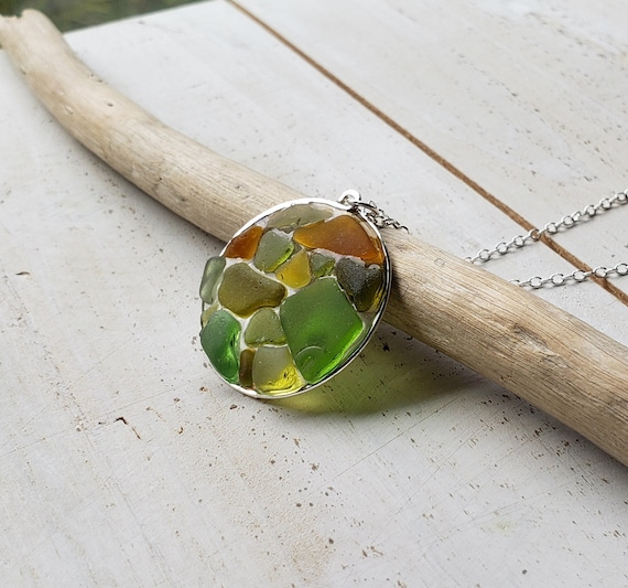 Camouflage Beach Glass Necklace Olive Green Sea Glass Necklace