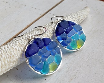 Sunrise Sea Glass Hoops, Blue Yellow Beach Glass Earrings, Cobalt Blue Sea Glass Earrings