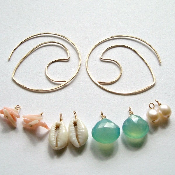 Interchangeable Beach Hoop Earrings, Wave Earrings, Gold Wave Hoops, Mix and Match, Peach Aqua Beach Hoops, Boho Beach Hoops