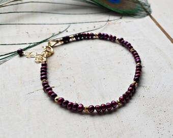 Raspberry Pearl Bracelet, Tiny Purple Pearl Anklet, Dark Purple Pearl Bracelet