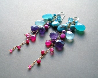 Colorful Gemstone Dangle Earrings, Aqua Purple Cluster Dangle, Bright Gemstone Earrings