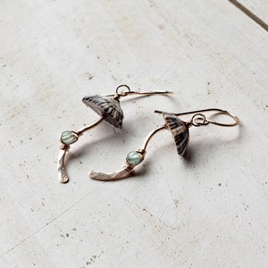 Mushroom Gemstone Earrings, Fungi Earrings, Ophi Shell Dangle, Botanical Gemstone Earrings, Gift For Mycologist blue apatite