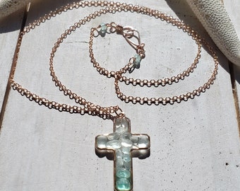 modified green sea glass paired with Greek cross Necklace