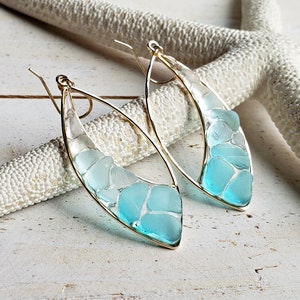Marquise Sea Glass Hoops, Turquoise Beach Glass Earrings, Aqua Ombre Resin Hoop Earrings image 9