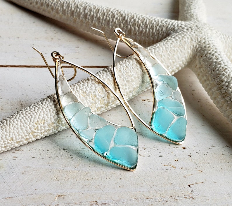 Marquise Sea Glass Hoops, Turquoise Beach Glass Earrings, Aqua Ombre Resin Hoop Earrings image 9