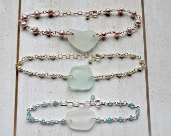 Sea Glass Pearl Bracelet, Apatite Beach Glass Bracelet, Beachy Pearl Bracelet:  Ready Made