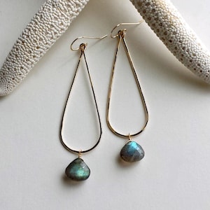 Long Labradorite Hoops, Labradorite Dangle Earrings, Long Teardrop Hoops