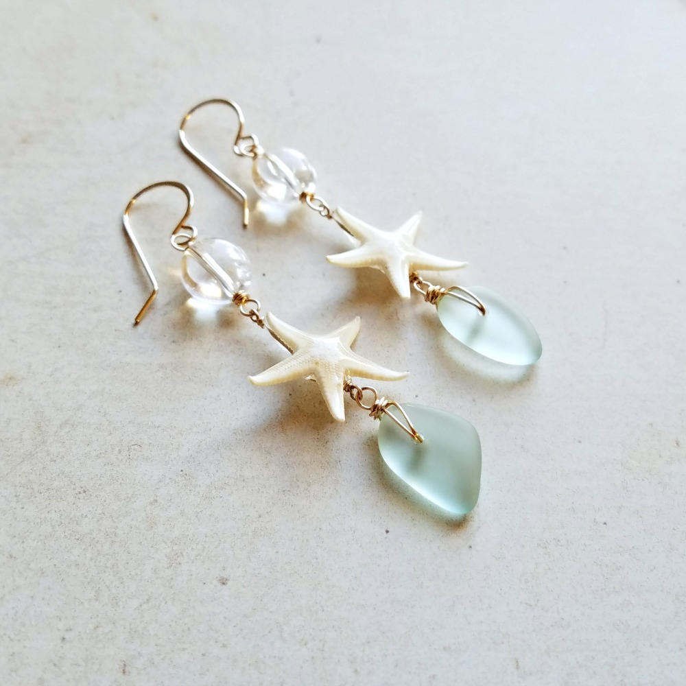 Pale Aqua Beach Glass and Sterling Silver Starfish Earrings