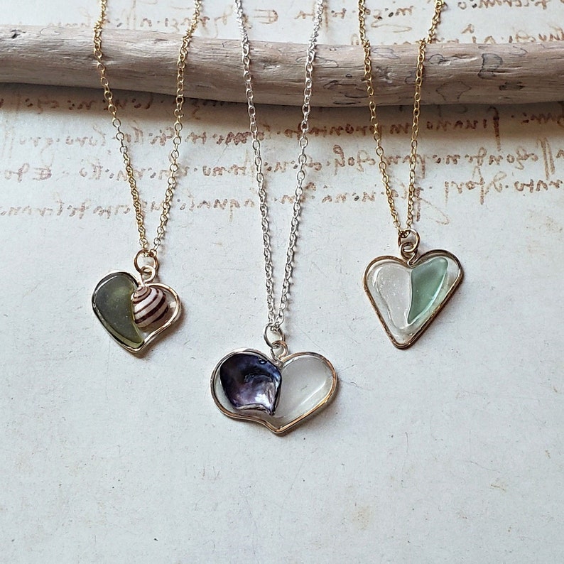Sea Glass Heart Necklace Hawaiian Beach Glass Necklace Resin Heart Pendant Beach Glass Heart Ready Made