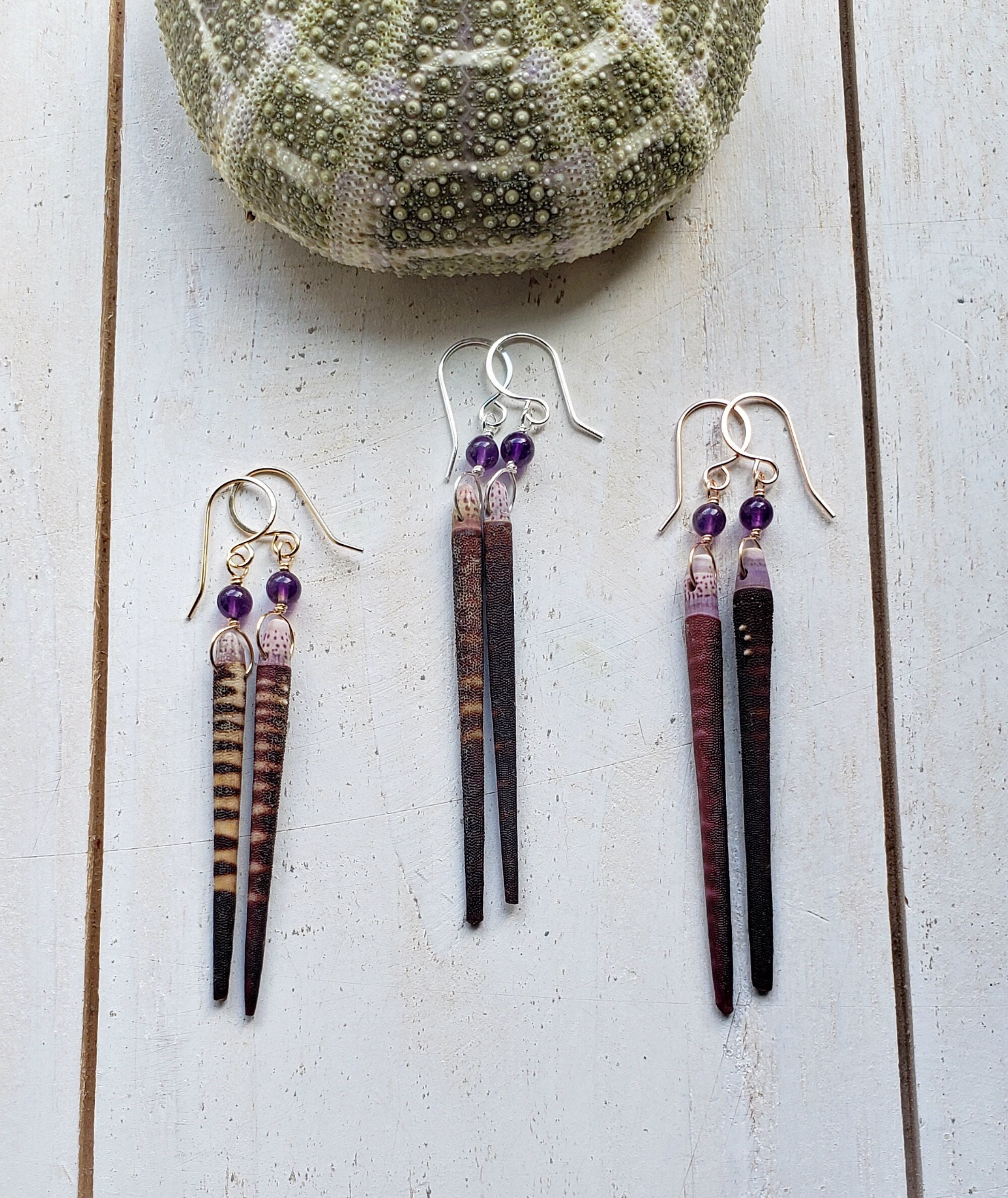 Amethyst Urchin Earrings, Sea Urchin Spike Dangle, Purple Urchin