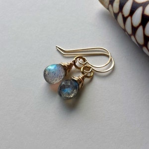 Tiny Labradorite Earrings, Small Labradorite Drops, Minimalist Labradorite Earrings, Iridescent Gemstone Earrings