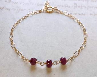 Tiny Ruby Bracelet, Pink Ruby Anklet, July Birthstone Bracelet, Dark Red Gemstone Bracelet