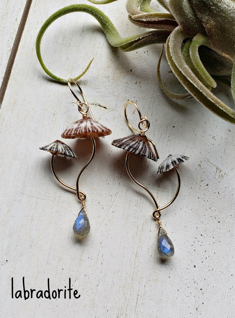 Double Mushroom Earrings, Fungi Dangle Earrings, Ophi Gemstone Earrings, Mushroom Gemstone Dangle labradorite