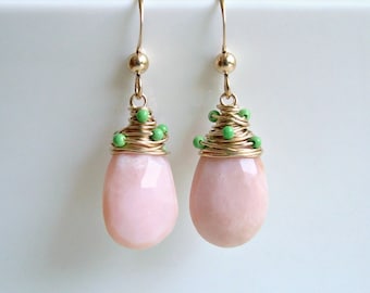 Pink Opal Drop Earrings, Pink Green Dangle Earrings, Pink Peruvian Opal Dangle