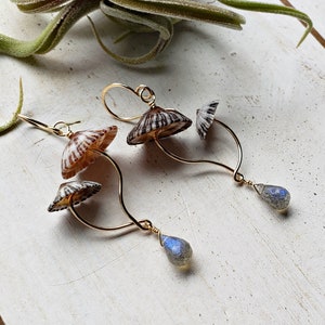 Double Mushroom Earrings, Fungi Dangle Earrings, Ophi Gemstone Earrings, Mushroom Gemstone Dangle image 2