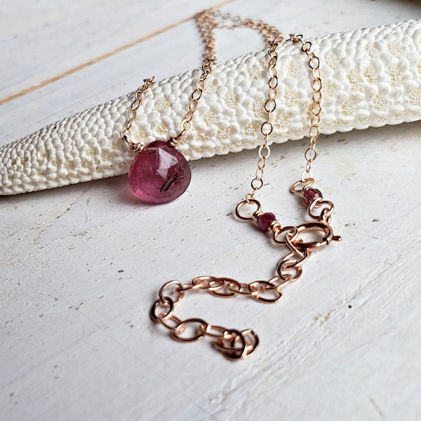 Rubellite Heart Necklace, Dark Pink Tourmaline Necklace, Tiny Pink Rubellite Necklace:  Ready Made