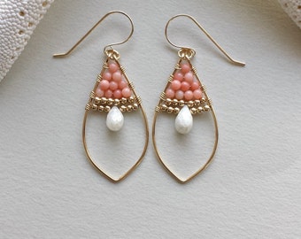 Peach Gold Hoop Earrings, Peach Coral Earrings, Silverite Hoops, Coral Marquise Hoop Earrings