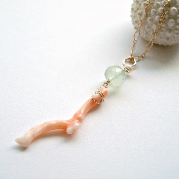 Peach Coral Branch Necklace, Peach Mint, Minimalist Coral Necklace, Beach Cluster Necklace, Peach Aqua, Ocean Jewelry, Boho Coral Necklace