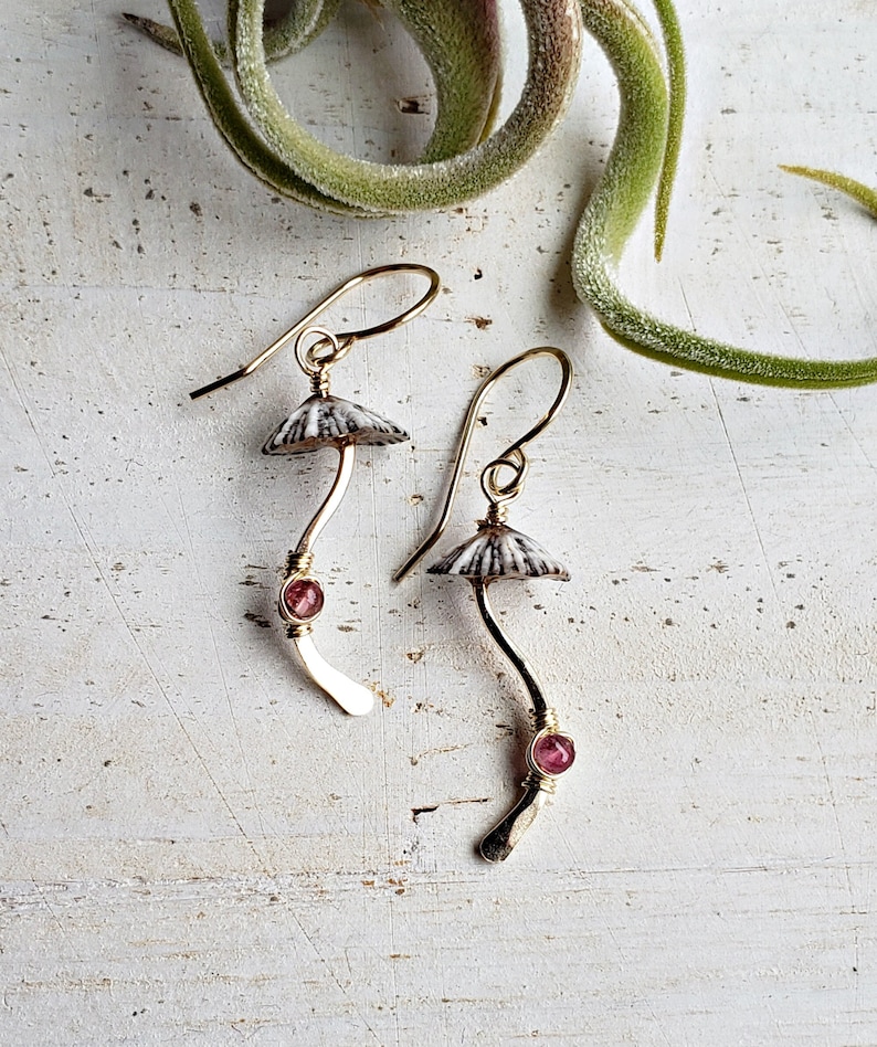 Mushroom Gemstone Earrings, Fungi Earrings, Ophi Shell Dangle, Botanical Gemstone Earrings, Gift For Mycologist pink tourmaline