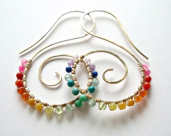 Rainbow Hoop Earrings, Gold Swirl Earrings, Spiral Gold Hoops, Rainbow Gemstones Hoop Earrings