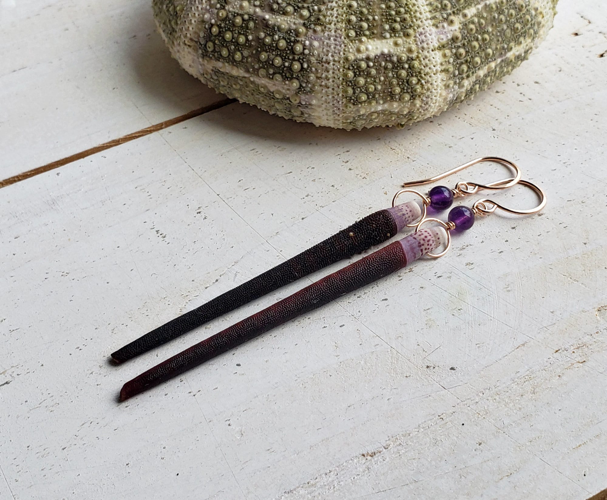 Amethyst Urchin Earrings, Sea Urchin Spike Dangle, Purple Urchin