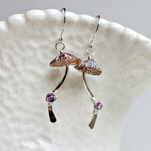 Mushroom Gemstone Earrings, Fungi Earrings, Ophi Shell Dangle, Botanical Gemstone Earrings, Gift For Mycologist amethyst