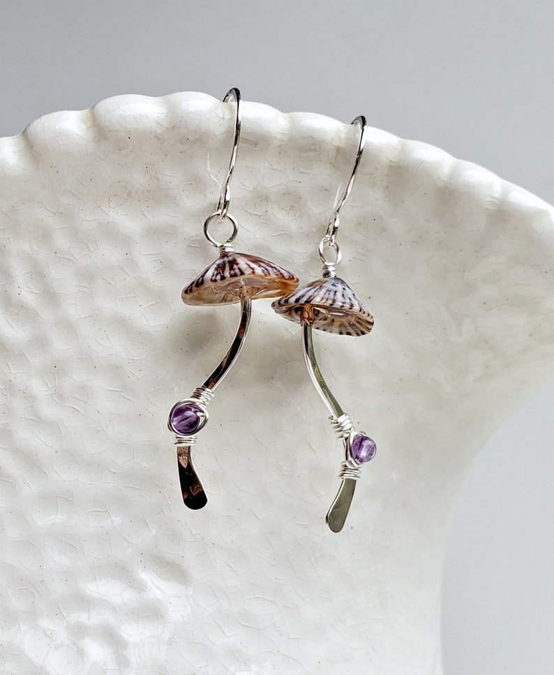 Mushroom Gemstone Earrings, Fungi Earrings, Ophi Shell Dangle, Botanical Gemstone Earrings, Gift For Mycologist amethyst