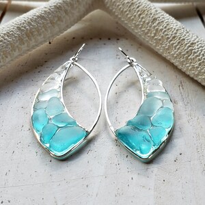 Marquise Sea Glass Hoops, Turquoise Beach Glass Earrings, Aqua Ombre Resin Hoop Earrings image 3