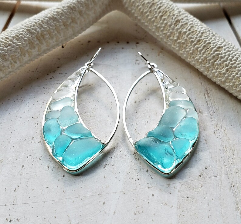 Marquise Sea Glass Hoops, Turquoise Beach Glass Earrings, Aqua Ombre Resin Hoop Earrings image 3