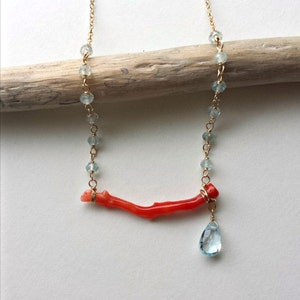 Salmon Pink Coral Necklace, Blue Topaz Aquamarine Necklace, Natural Coral Branch Necklace, Asymmetrical Coral Necklace