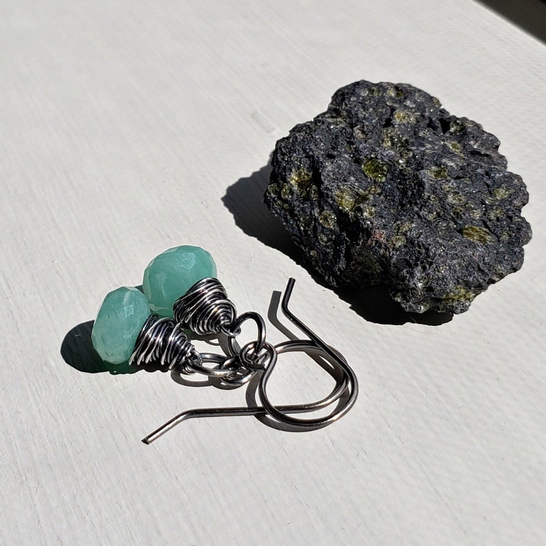 Small Amazonite Drops Oxidized Gemstone Earrings Ready Made Oxidized Silver Drop Earrings